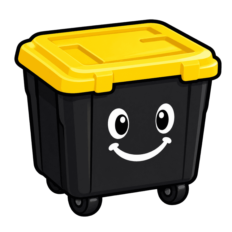 A smiling moving-bin mascot